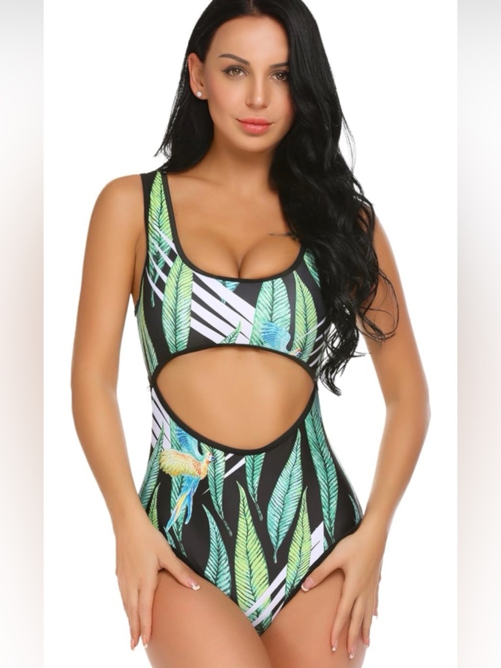 Tropical Leaf Cutout One-Piece Swimsuit - Black & Green
